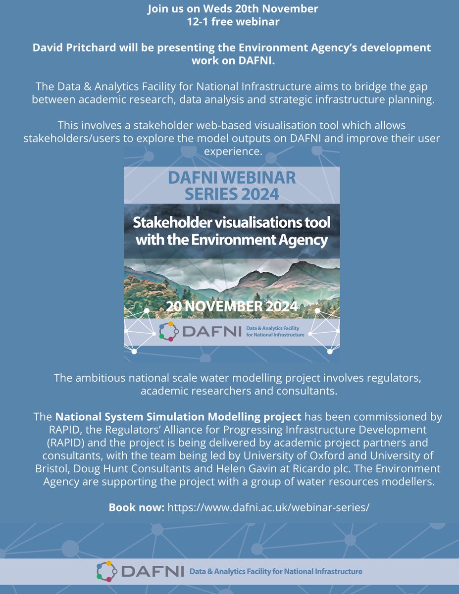DAFNI (@dafnifacility) on Twitter photo Webinar with the <a href="/EnvAgency/">Environment Agency</a>'s David Pritchard - book now at dafni.ac.uk/webinar-series/ Find out more about the stakeholder visualisation tool of the National System Simulation Modelling project Webinar with the <a href="/EnvAgency/">Environment Agency</a>'s David Pritchard - book now at dafni.ac.uk/webinar-series/ Find out more about the stakeholder visualisation tool of the National System Simulation Modelling project