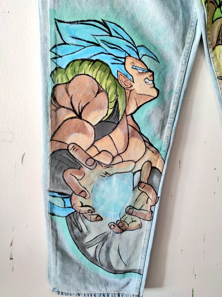 semidemonic's tweet photo. Messed up my room wall but worth it #broly #gogeta #Dragonballart #customjeans #animejeans https://t.co/lMzYWerspD