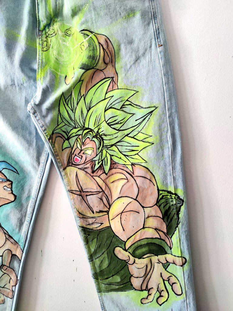semidemonic's tweet photo. Messed up my room wall but worth it #broly #gogeta #Dragonballart #customjeans #animejeans https://t.co/lMzYWerspD