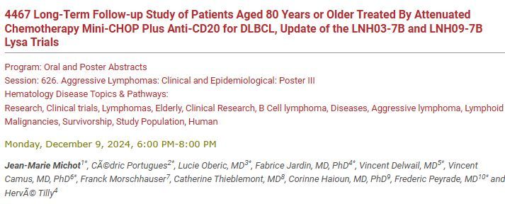 Mini-CHOP in age 80+ from LYSA trials <a href="/TillyHerve/">Hervé Tilly</a> #ASH24:
- 269 pts, mFU 12 y
- mPFS 2.4 y, mOS 4.1 y, 5-yr PFS 38%, OS 44%
- most common COD: lymphoma (36%), TRM 5%
- ⬇️TRM during tx after institution of prephase
Great long-term data in older DLBCL. Prephase ftw! #lymsm #gerionc