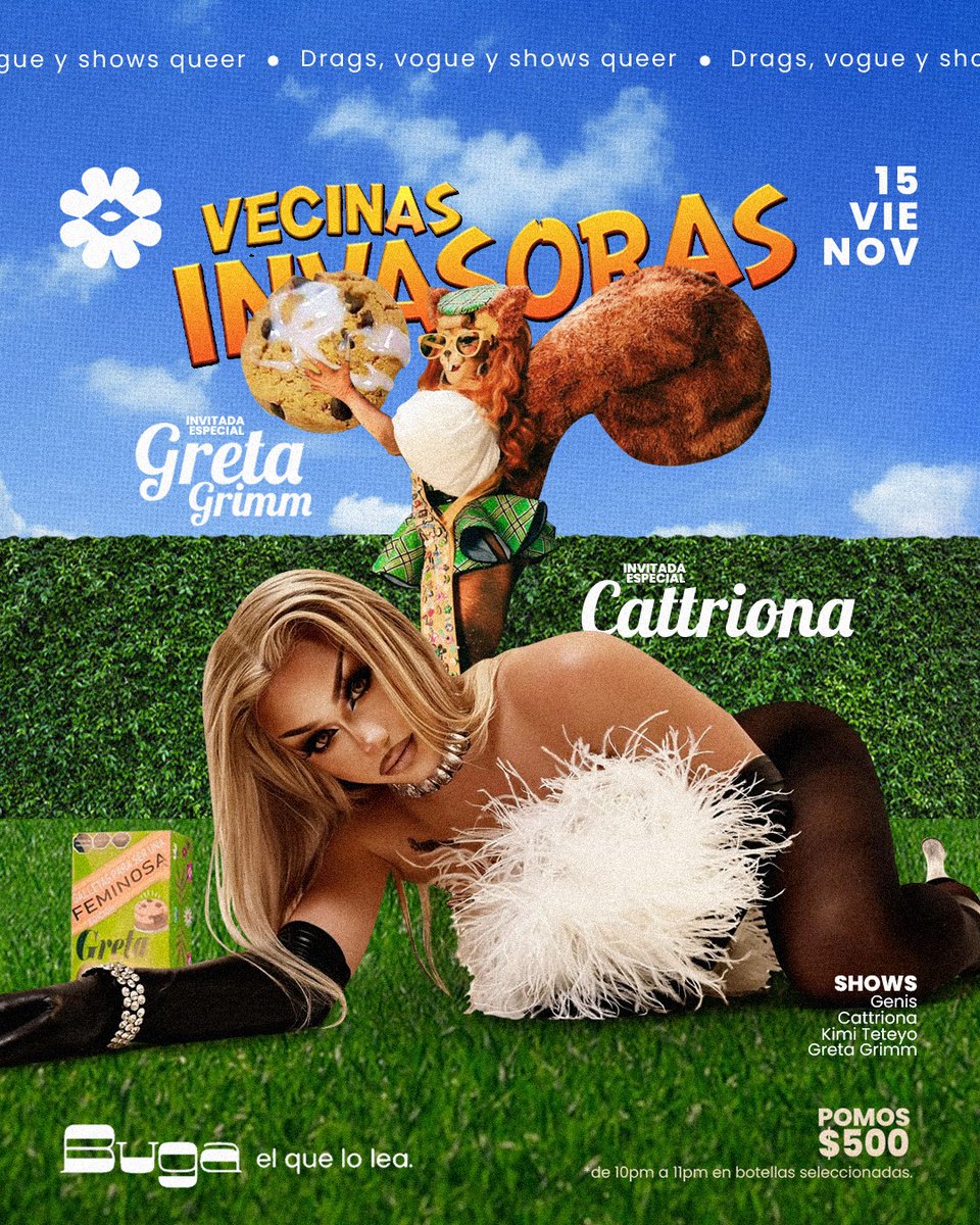 bugaqueerbar's tweet photo. La carteleraaaaaaa hijaaaas este fin nos llega de regalo VECINAS INVASORAS CATTRIONA y GRETA GRIMM 👁️🫦👁️ y sábado es de NEON Y ANIMAL PRINT así en vistosas 😶‍🌫️✨ a reservar hijas que se llena el nuevo salón 🫦

#BugaElQueLoLea https://t.co/m94LKjI8aB