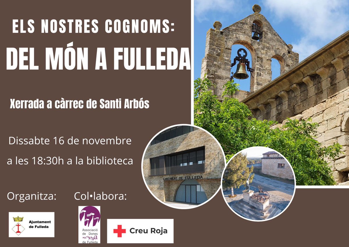 Fulledainfo's tweet photo. Aquest dissabte, a la biblioteca de #Fulleda, Santi Arbós Gabarró serà el conductor d'una interessant xarrada sobre els nostres cognoms i la història que amaguen. 🕰️ Vine a les 18.30 h a descobrir més sobre les nostres arrels! 📖 Us hi esperem https://t.co/Eyn2Rgx0sk