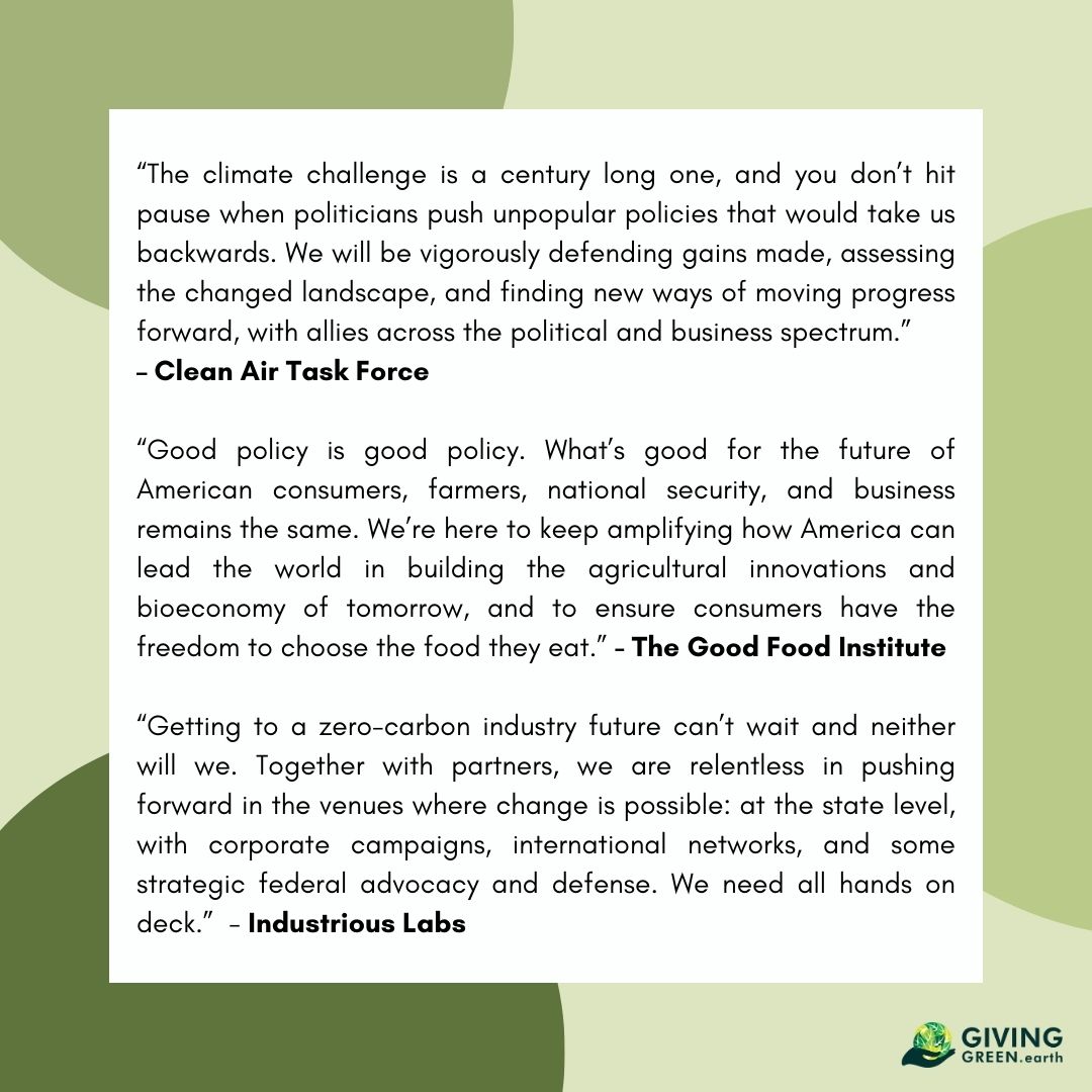 A note to our community from Giving Green founder + ED, <a href="/DanStein_econ/">Dan Stein</a>, a week after the 2024 US election:

🔗 Full statement and insights from <a href="/cleanaircatf/">Clean Air Task Force</a>, @goodfoodinst, + <a href="/industriouslabs/">Industrious Labs</a>: tinyurl.com/vyewce8k

#ClimateAction #ClimatePhilanthropy