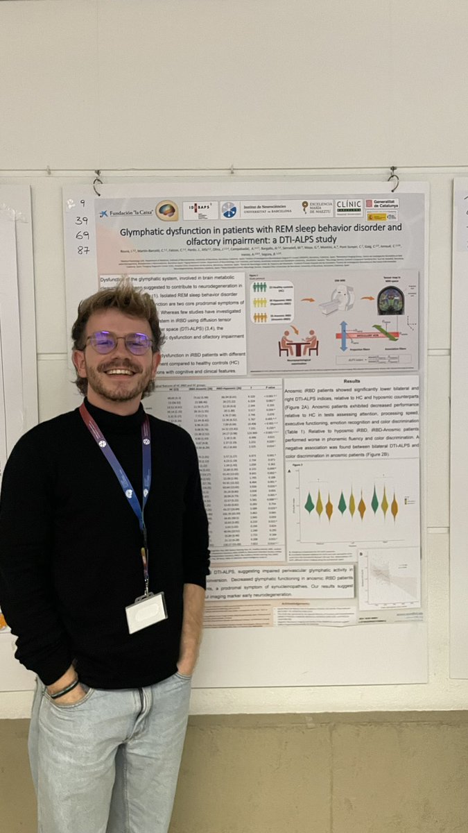 Come visit our poster on glymphatic alterations in patients with REM sleep behavior disorder and their associations with olfactory function and color discrimination! 

#39 at the #MultiBrainII 

<a href="/UBneuroscience/">Institut de Neurociències de la UB</a> <a href="/hospitalclinic/">Hospital Clínic</a> <a href="/UniBarcelona/">Universitat de Barcelona</a> <a href="/idibaps/">IDIBAPS</a>