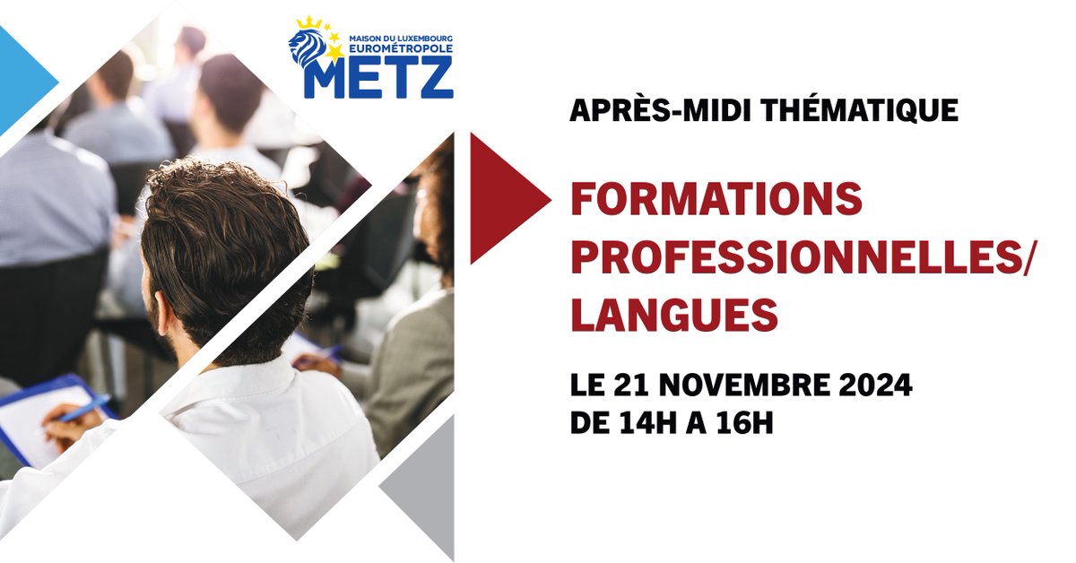 🇫🇷🇱🇺 𝗠𝗮𝗶𝘀𝗼𝗻 𝗱𝘂 𝗟𝘂𝘅𝗲𝗺𝗯𝗼𝘂𝗿𝗴 : 𝗙𝗼𝗿𝗺𝗮𝘁𝗶𝗼𝗻𝘀 𝗣𝗿𝗼𝗳𝗲𝘀𝘀𝗶𝗼𝗻𝗻𝗲𝗹𝗹𝗲𝘀/𝗟𝗮𝗻𝗴𝘂𝗲𝘀

La Maison du #Luxembourg de l’Eurométropole de Metz organise en partenariat avec l’AFPA Grand-Est et le GRETA Lorraine Nord, un après-midi thématique « Formations