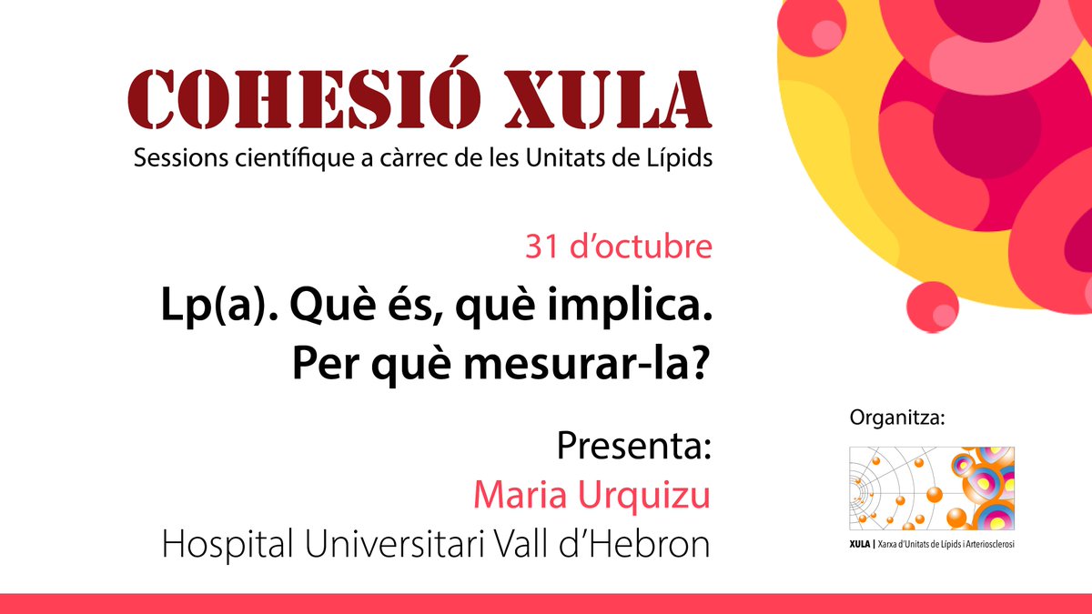 🟣 Si no has pogut assistir al darrer directe de ➡️ CohesióXULA “Lp(a). Què és, què implica. Per què mesurar-la?” que es va celebrar el dia 3️⃣1️⃣ d’octubre.
No t’ho perdis!!! aquí ho tens👇👇
youtu.be/VnCc36qp4oU?si…
👇👇
lipidsxula.wixsite.com/website/funcio…
👇👇
Presenta: <a href="/murquizupadilla/">Maria Urquizu</a>