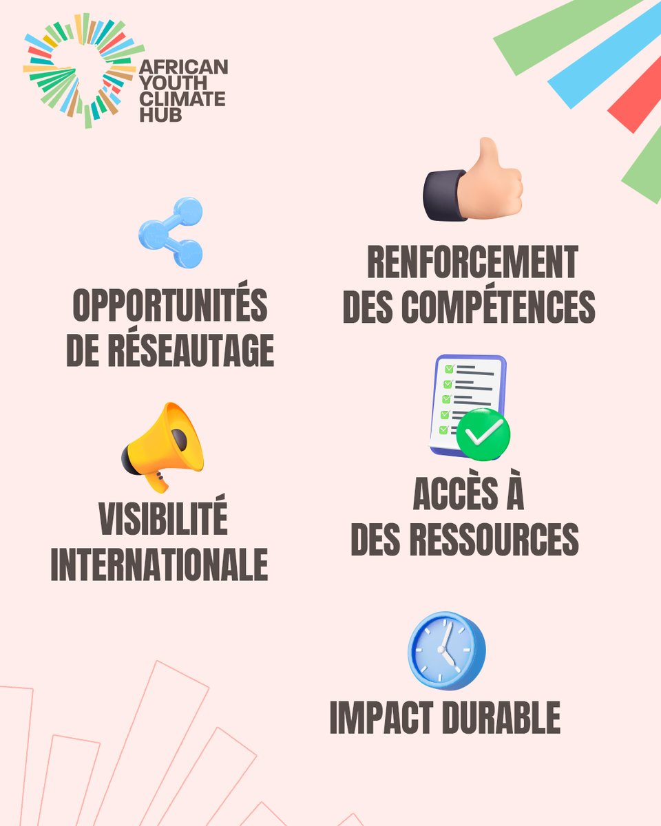 Rejoignez l'African Youth Climate Hub et accédez à des ressources précieuses, un mentorat de qualité et une communauté dynamique d'éco-innovateurs partageant les mêmes valeurs.
Ensemble, développons des solutions innovantes pour un avenir durable. 💡✨
Ne manquez pas cette