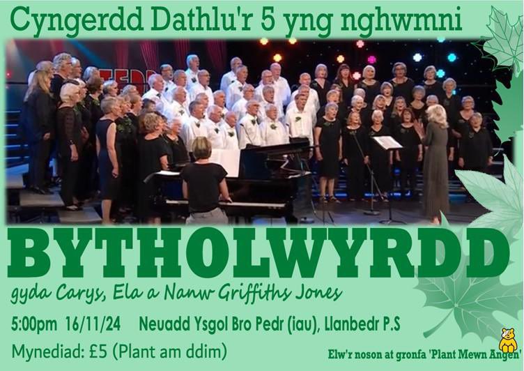 Ry ni’n edrych ymlaen at gyngerdd y 5 nos Sadwrn ‘ma (Tachwedd 16). Y côr yn 5 oed, amser cychwyn 5 pm a phris mynediad i oedolion £5! Bingo! Cawn gwmni Ela a Nanw, dwy o sêr #GŵylAled #GŵylCerddDant2024 ac Eisteddfod 🏴󠁧󠁢󠁷󠁬󠁳󠁿 <a href="/CFfICymru/">CFfI Cymru</a> a’u #mam Carys. Yr elw at apêl #PlantMewnAngen