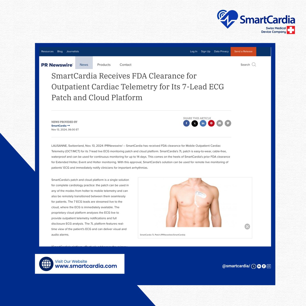 We're excited to announce that SmartCardia’s 7-lead ECG patch and cloud platform has received FDA clearance for Mobile Outpatient Cardiac Telemetry (OCT/MCT)!  
lnkd.in/gahMbn8V #SmartCardia #FDA #MedTech #WearableHealthTech #DigitalHealthcare