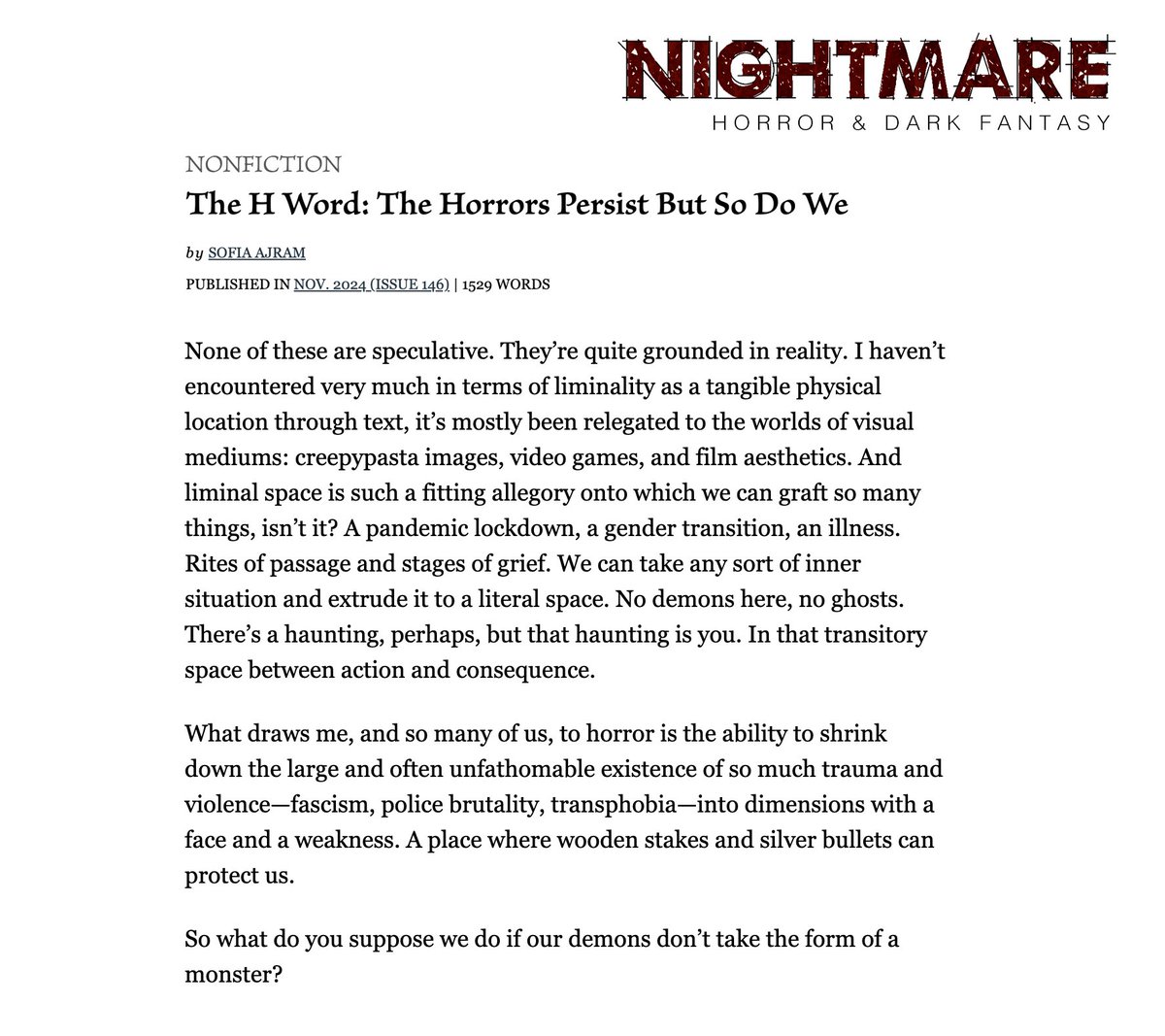 Happy to share that I wrote an essay for <a href="/NightmareMag/">Nightmare Magazine</a> about liminal space and depression. It feels a little on the nose right now but perhaps it’ll fill you with some semblance of hope. Read it for free on their site 🩶

nightmare-magazine.com/nonfiction/the…