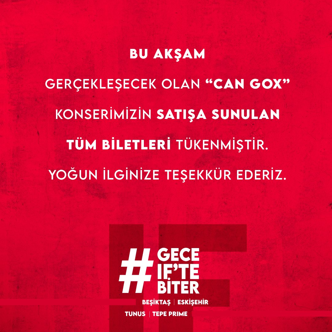 Bu akşam IF Performance Hall Tepe Prime'da gerçekleşecek olan "CAN GOX" konserimizin satışa sunulan TÜM biletleri tükenmiştir. 
Yoğun ilginize teşekkür ederiz.

Bistro rezervasyonlarınız için 05356552122 no'lu tlf'dan detaylı bilgi alabilirsiniz...

<a href="/cangox/">CANGOX</a>
<a href="/GercekYapim/">Gerçek Yapım</a>