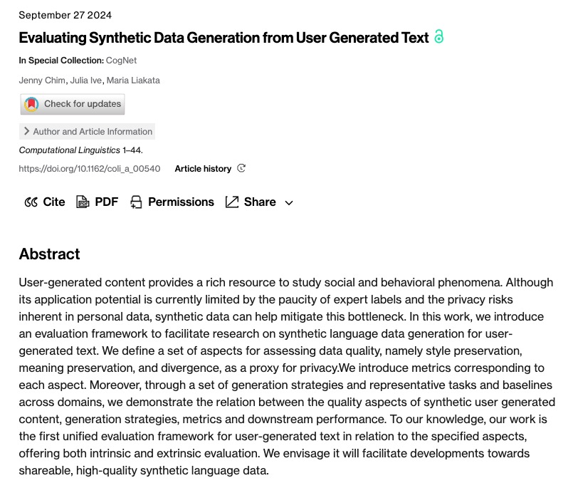 Interested in Synthetic text generation and evaluation? Then drop by Ashe Auditorium (Nov 13 16:00-17:30) to catch @jennycwchim presenting her latest work,  "Evaluating Synthetic Data Generation from User Generated Text". Paper can be found at tinyurl.com/4by6k6ws #EMNLP2024