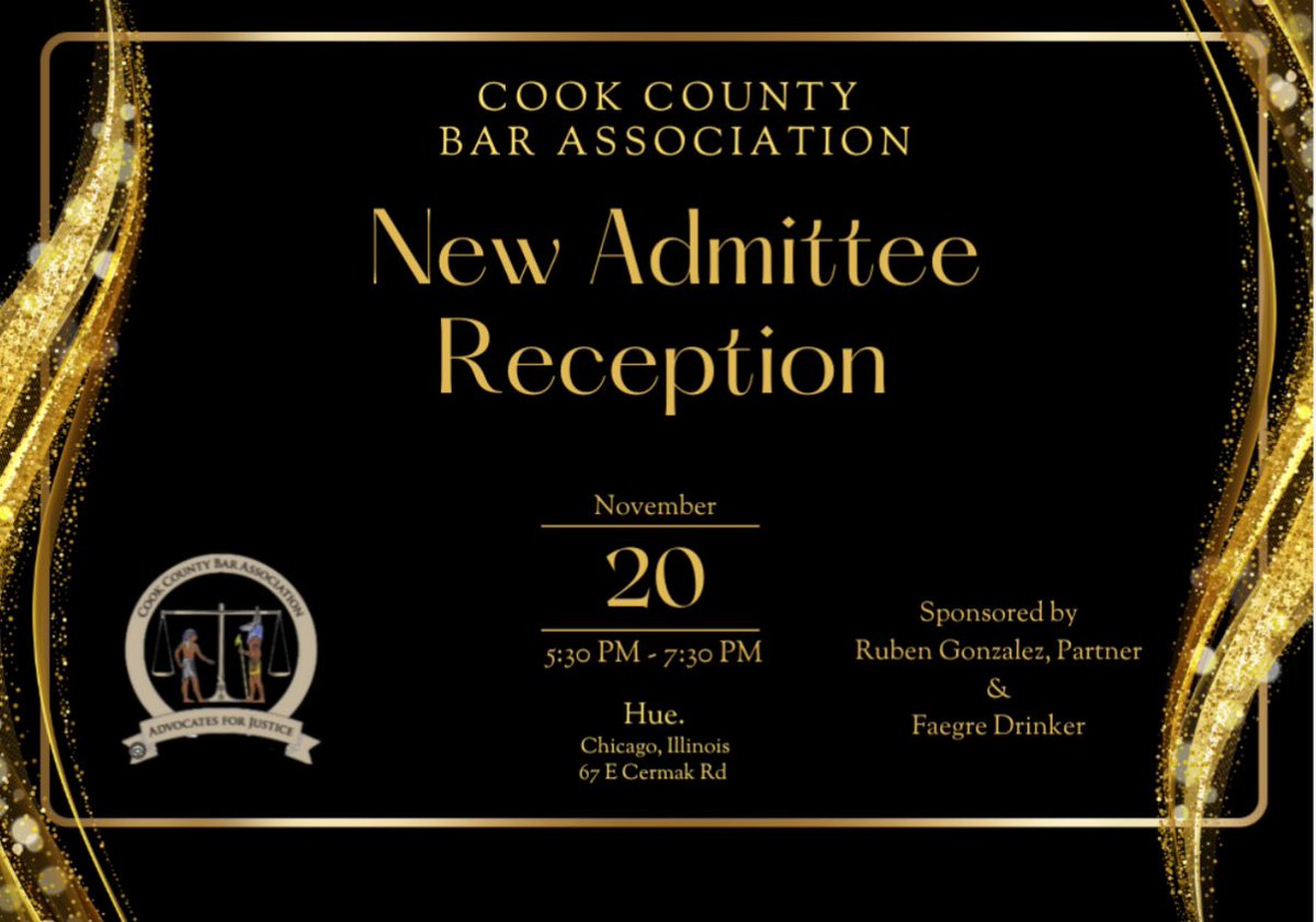 📣 Join us in welcoming the newest members of the legal community! The Cook County Bar Association is excited to host the New Admittee Reception on Wednesday, November 20, 2024, from 5:30 PM to 7:30 PM at Hue, 67 East Cermak Road, Chicago, IL 60616. #CCBA #NewAdmitteeReception