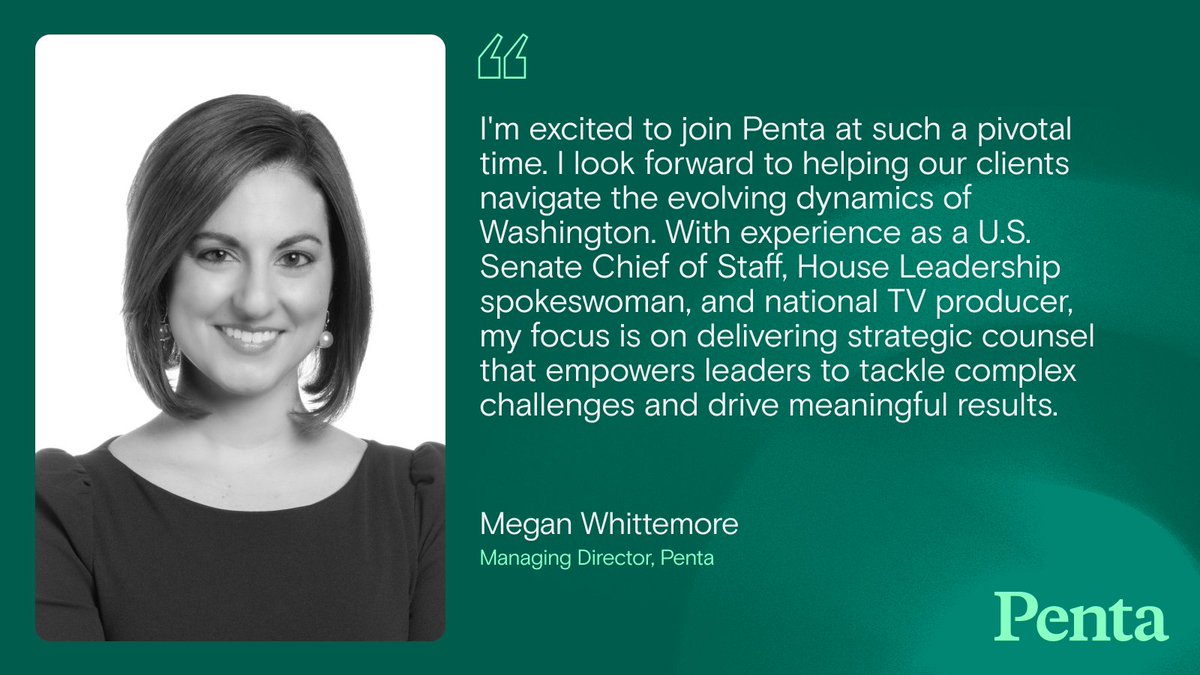 Penta Group (@pentagrp) on Twitter photo Exciting news! 🎉 Penta welcomes <a href="/MeganWhittemore/">Megan Whittemore</a> as Managing Director, bringing 20 years of expertise in media relations, corporate affairs, and public policy. Her leadership will enhance our impact in D.C. Read more about our new appointments- pentagrp.link/3O6scQd Exciting news! 🎉 Penta welcomes <a href="/MeganWhittemore/">Megan Whittemore</a> as Managing Director, bringing 20 years of expertise in media relations, corporate affairs, and public policy. Her leadership will enhance our impact in D.C. Read more about our new appointments- pentagrp.link/3O6scQd