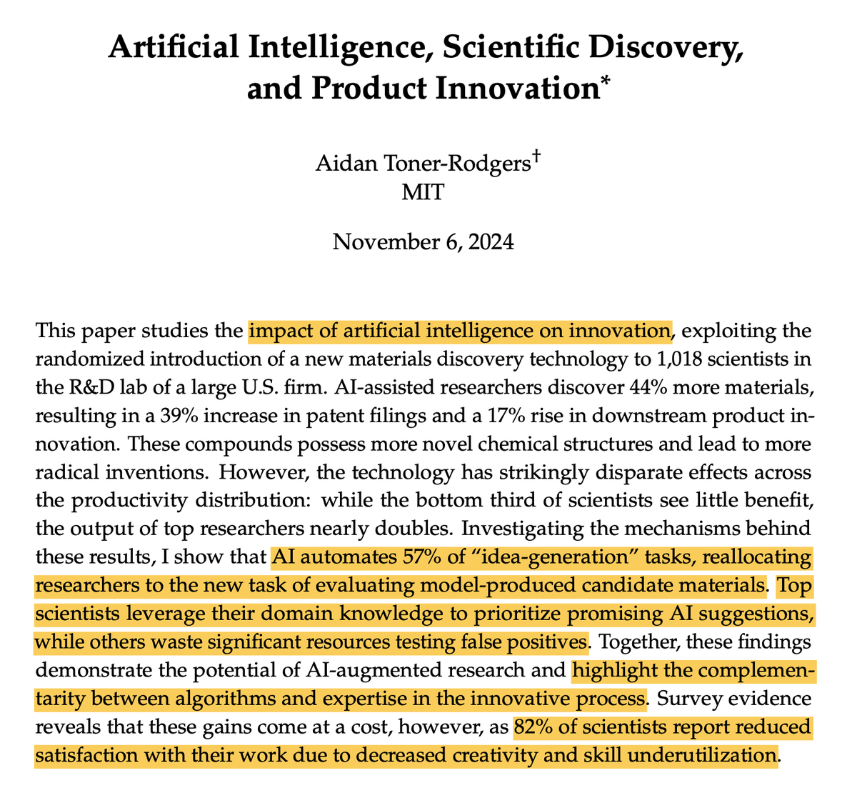 MatthewBerman's tweet image. A new paper out of MIT shows how AI can be used to help discover new science at previously unheard of speeds. 
This has the potential to change humanity. 
Unlimited new materials, cures of illnesses, and automated self-improving AI. 
Full breakdown below.
