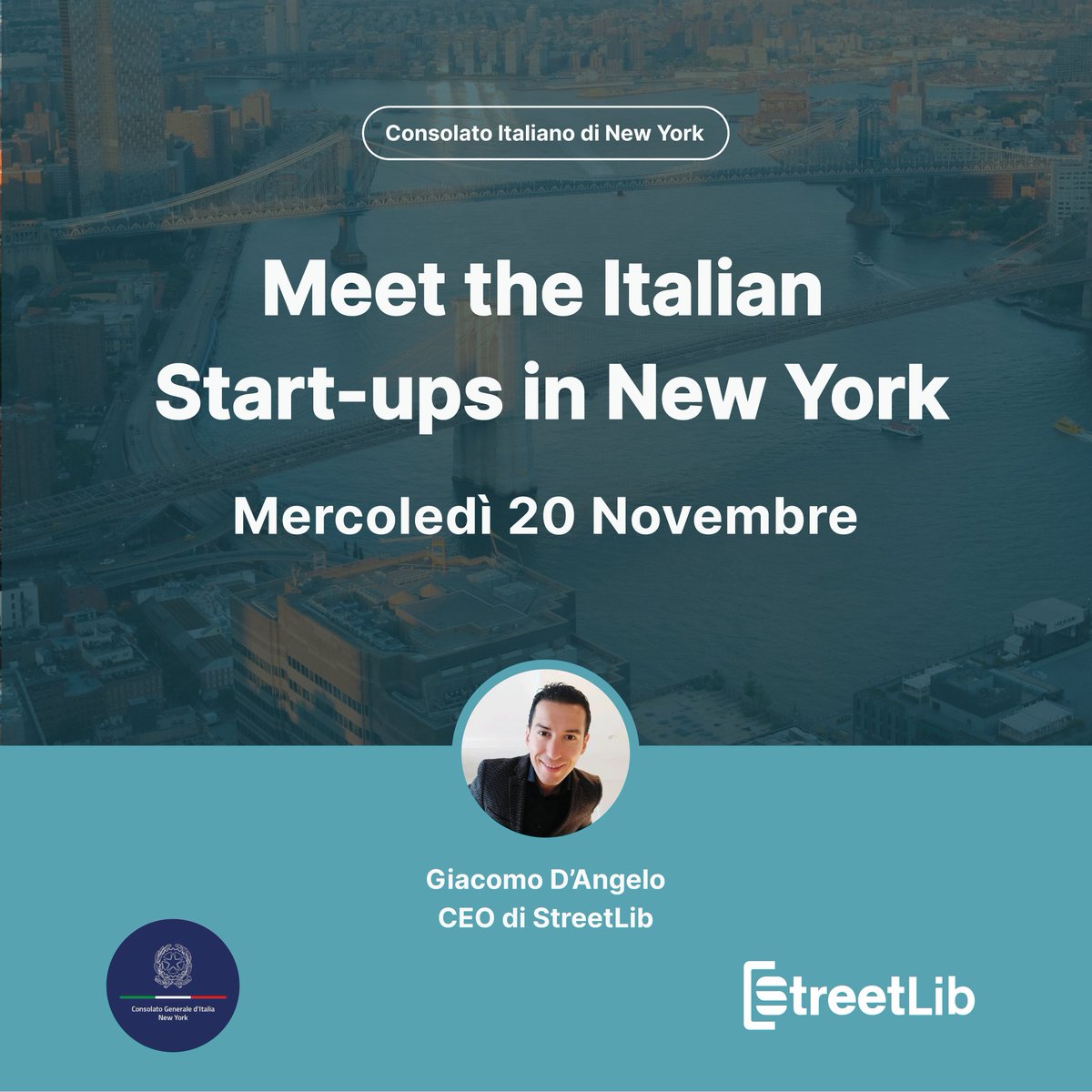 📌 Mercoledì 20 novembre 2024, <a href="/GiacomoDAngelo/">Giac</a> , CEO di StreetLib, sarà ospite dell'evento Meet the Italian Start-ups a New York presso il Consolato Generale d'Italia!

Link per registrarti gratuitamente qui  ➡  blog.streetlib.com/it/giacomo-dan… 

#MeetTheItalianStartUp