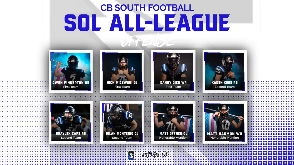 CBSouthTitans's tweet image. Hey @CBSouthHS! Please join the athletic department in congratulating our Football athletes on their SOL All-League Honors this season!!! We are so very proud of you!