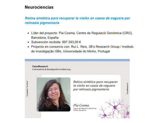3B's Research Group (@3bsuminho) on Twitter photo <a href="/3bsuminho/">3B's Research Group</a> participates in project awarded by LaCaixa Foundation:
A synthetic retina to restore vision in cases of blindness due to retinitis pigmentosa.
Pia Cosma - CRG (ES)
Partner: Rui L. Reis - 3B's-I3Bs, UMinho (PT)
<a href="/RLGReis/">Rui L. Reis</a> <a href="/RicardoAPires/">Ricardo Pires</a> <a href="/CaixaResearchCA/">CaixaResearch</a> <a href="/UMinho_Oficial/">Universidade Minho</a> <a href="/3bsuminho/">3B's Research Group</a> participates in project awarded by LaCaixa Foundation:
A synthetic retina to restore vision in cases of blindness due to retinitis pigmentosa.
Pia Cosma - CRG (ES)
Partner: Rui L. Reis - 3B's-I3Bs, UMinho (PT)
<a href="/RLGReis/">Rui L. Reis</a> <a href="/RicardoAPires/">Ricardo Pires</a> <a href="/CaixaResearchCA/">CaixaResearch</a> <a href="/UMinho_Oficial/">Universidade Minho</a>