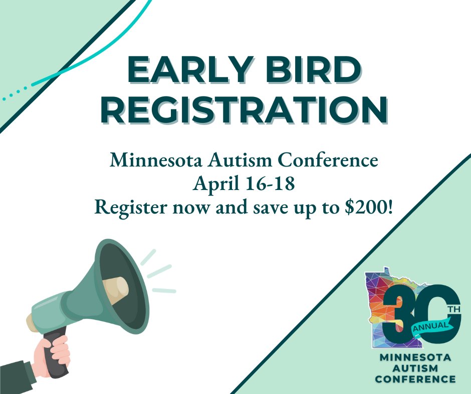 #EarlyBird Registration is OPEN for the 30th Annual #MinnesotaAutismConference🚨
April 16-18, 2025

Register now to save up to $200 and get access to expert speakers, breakout sessions, &amp; key autism resources.

Don’t miss it! 👉  bit.ly/AuSMConf
