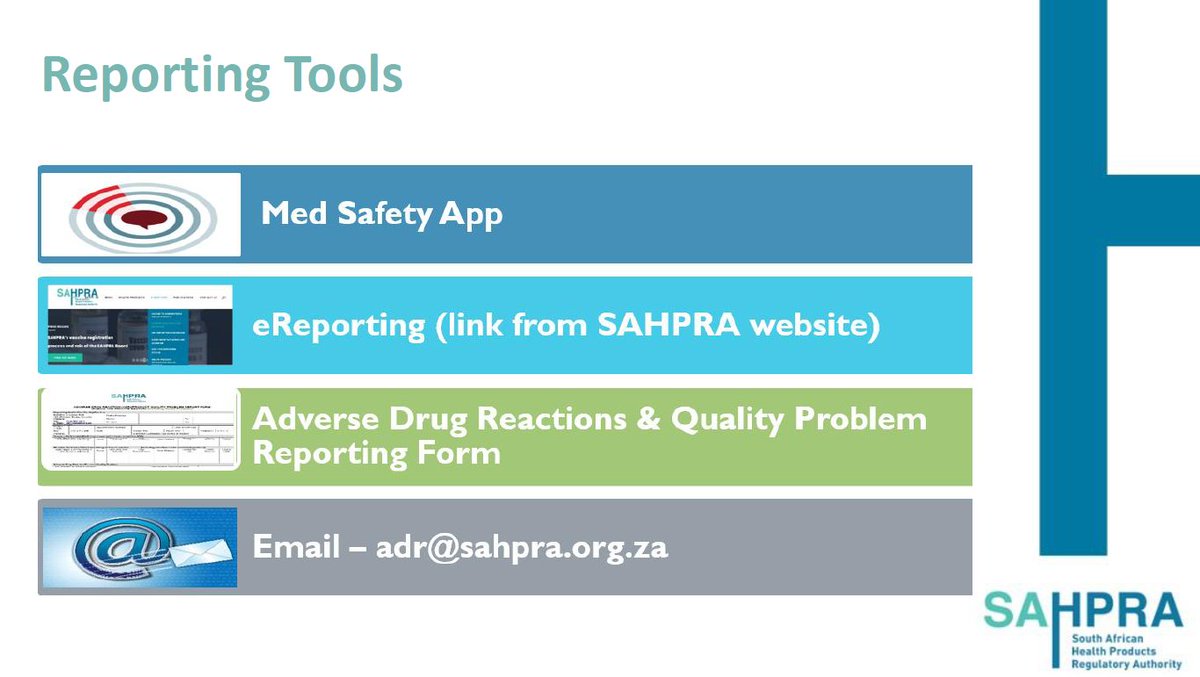 SAHPRA1's tweet image. #MedSafetyWebinar2024  Robert shares the various reporting tools:
🔴#MedSafetyApp
🔴#eReporting
🔴ADR reporting form - access via website
🔴Email: adr@sahpra.org.za

#pharmacists #HCPs #medicalpractitioners #SAHPRA #MedSafety