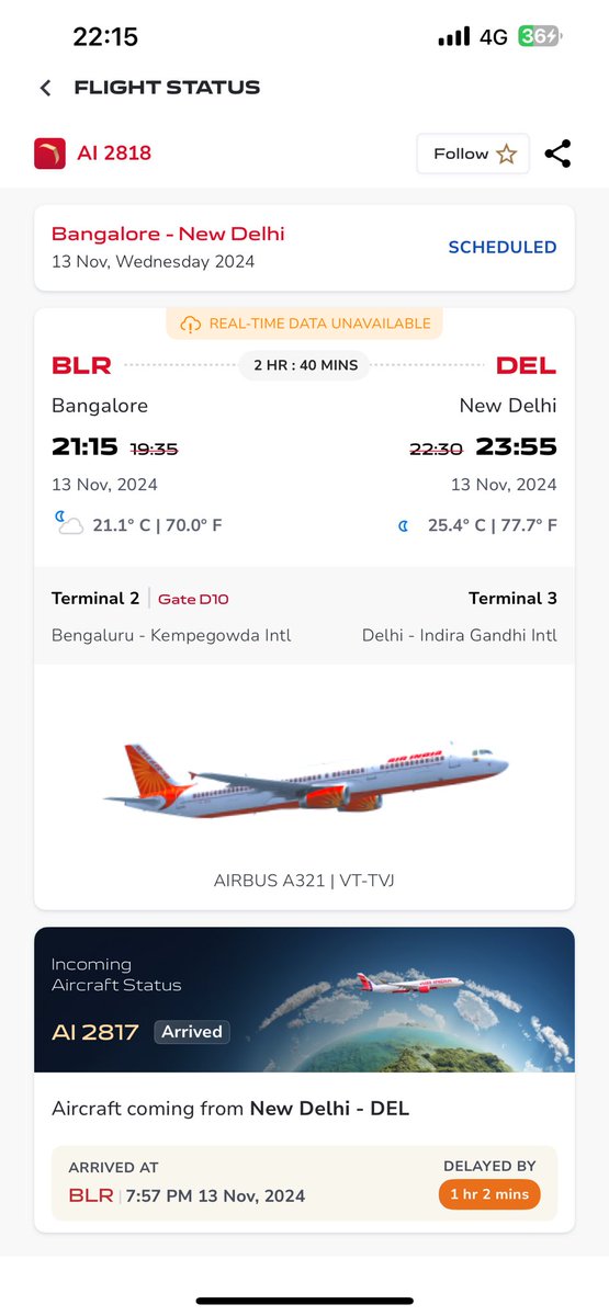 ppushkaraj's tweet photo. @airindia @airindia it is 22:15 and still the flight has not taken off after delaying it from 7:35 to 9:15. What to expect? https://t.co/wyvKOioFvi
