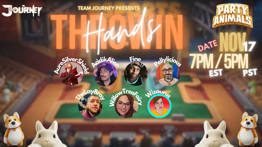 Sunday, November 17th at 7pm EST, Team Journey are a bunch of damn animals! Feat. <a href="/AureSilver/">Aure Silvershield</a> <a href="/AcidikAli3n/">👽 Acid 👽</a> <a href="/ofc_fine/">Fine🫧</a> <a href="/PellyliciousTTV/">Pelly</a> <a href="/WillowTreeFairi/">WillowTreeFairy</a> @wizaurus !