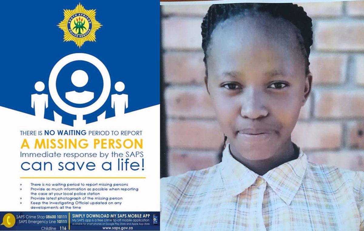 SAPoliceService's tweet image. RT #sapsFS Help Viljoenskroon #SAPS reunite 18yr-old Malebogo Mahlatse Paledi with her family. She has been #missing since 19/09. Efforts by her aunt to locate her at a friend in Rammulotsi, were unsuccessful. Info-&amp;gt;Investigating Officer, Kelebogile Spel on 078 753 4487, 056 343…