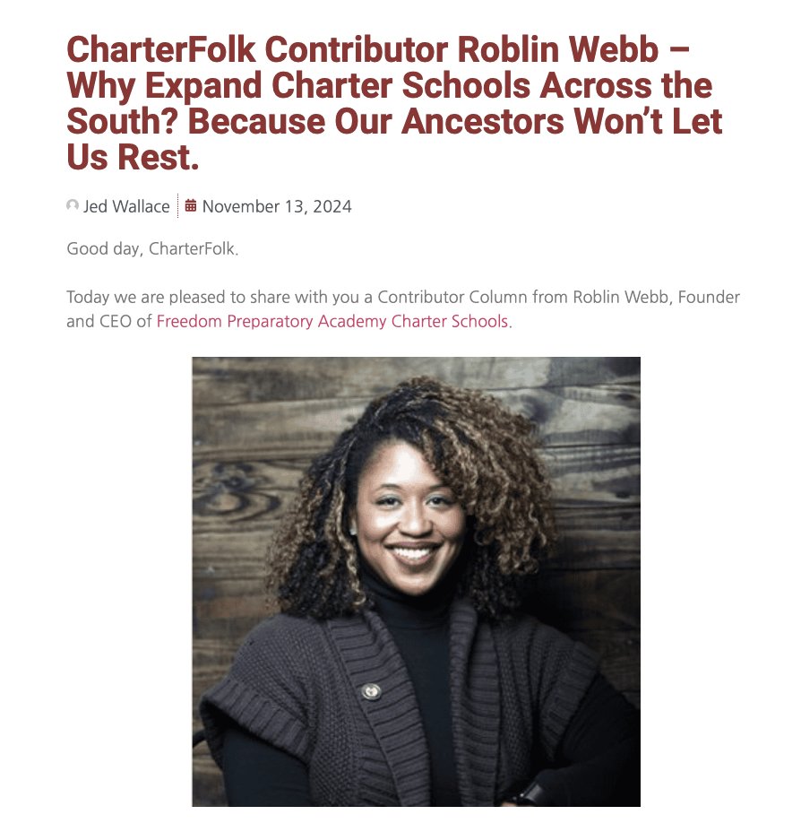 New blog by our CEO Roblin Webb on @charterfolk: "Why Expand Charter Schools Across the South? Because Our Ancestors Won’t Let Us Rest."

Read how history fuels our mission to provide quality education for all. 

➡️ charterfolk.org/charterfolk-co…