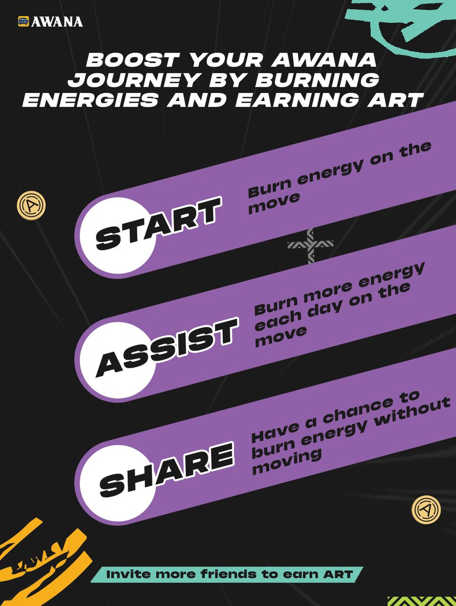 AWANALAB's tweet photo. Start burning energies on the move, use Assist to burn more energies daily, and Share for a chance to earn ART without moving! 💪 

Invite more friends to join and increase your ART rewards! 

#AwanaApp #EnergyBurn #EarnART https://t.co/UpNSutgiuw