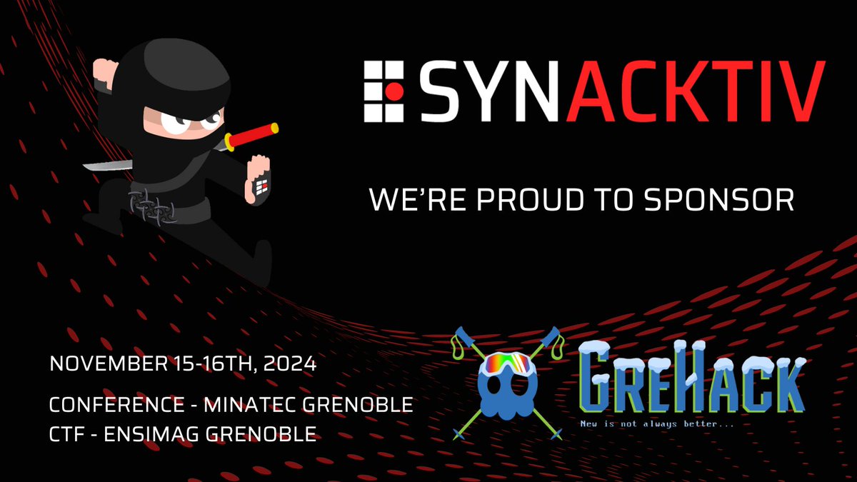 Synacktiv's tweet image. We’re thrilled to announce our sponsoring of #GreHack - 15th &amp;amp; 16th November!
📣 Several of our team members will be attending, and we&apos;ll have 2 presentations:
🔑Back to the failure by Simon G.
🔐Deep dive in Laravel encryption security by Rémi Matasse and Mickael Benassouli