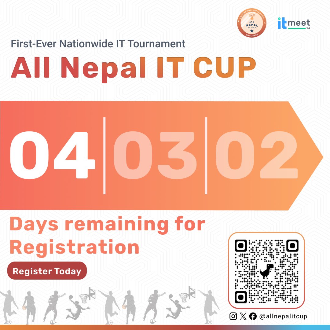 allnepalitcup's tweet photo. Only 4 Days left for the registration of first-ever All Nepal IT Cup!!! Don’t miss your chance to register and be part of this sports event . Grab your spot today and get ready to compete with the best from all over Nepal! 🏆
#AllNepalITCup #CountdownBegins #ITMeet2024 #GetReady https://t.co/ISZk3dzkkO