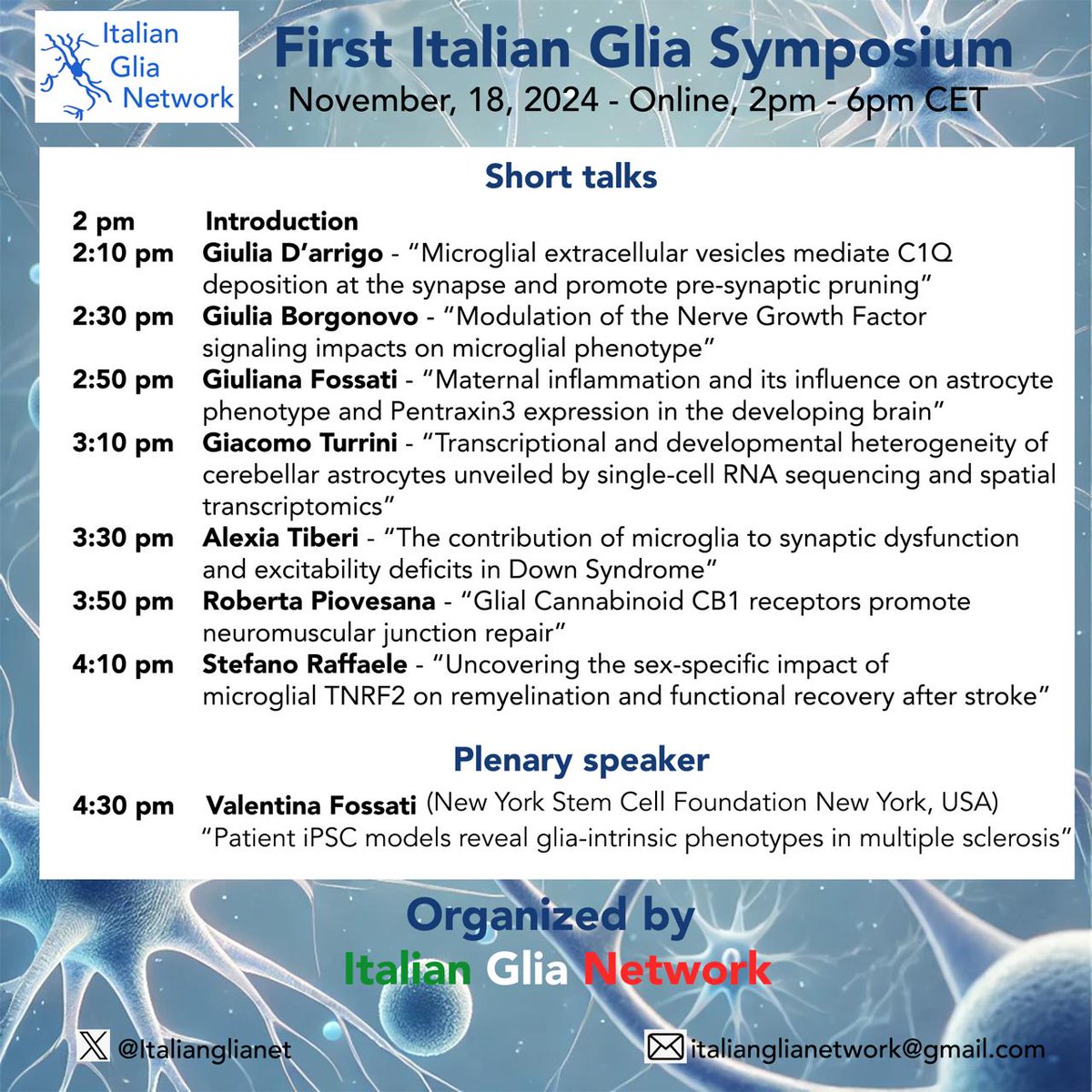 Check out the program of the first Italian Glia Network Symposium that will be held next Monday, Nov 18 from 2 to 6 PM. Follow online at
unipd.zoom.us/j/81189658851?…