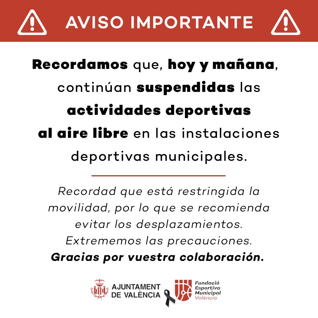 📣Os recordamos que continúan suspendidas las actividades deportivas al aire libre en las instalaciones deportivas municipales por alerta meteorológica.

❗Además…
👇🏻