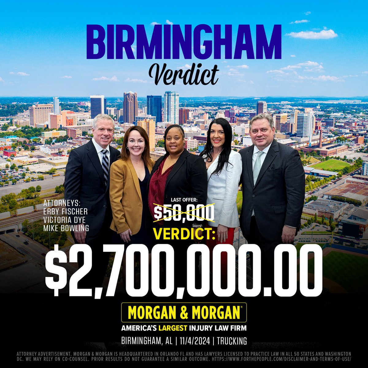 forthepeople's tweet photo. 🚨 #VerdictAlert:

Erby Fischer, Victoria Dye and Mike Bowling just received a $2,700,000.00 verdict for our client in Birmingham!

That’s 54x the last offer💪 #MorganMath #ForThePeople https://t.co/GPVlRC4rOt