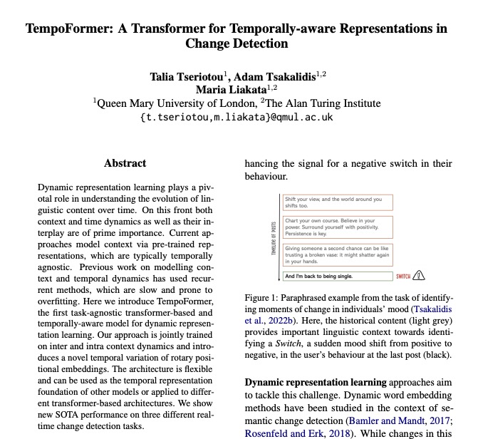 LongNLPLab @ EMNLP2024 (@longnlp) on Twitter photo Ever wondered what a temporally aware transformer looks like? Well <a href="/taltser/">Talia Tseriotou</a> has the answer. Catch her presenting her new work, "TempoFormer: A Transformer for Temporally-aware Representations in Change Detection" at Brickell room from 11:30 - 11:45 AM, 14 Nov. #EMNLP2024 Ever wondered what a temporally aware transformer looks like? Well <a href="/taltser/">Talia Tseriotou</a> has the answer. Catch her presenting her new work, "TempoFormer: A Transformer for Temporally-aware Representations in Change Detection" at Brickell room from 11:30 - 11:45 AM, 14 Nov. #EMNLP2024