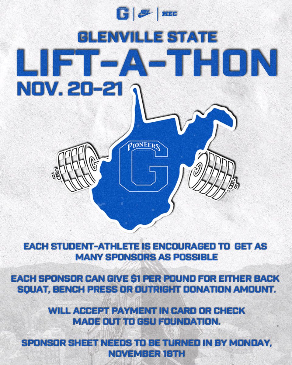 𝐋𝐈𝐅𝐓-𝐀-𝐓𝐇𝐎𝐍!

GSU Strength &amp; Conditioning is holding a Lift-A-Thon Nov. 20-21!

Contact Head Strength Coach Isaiah Myers at Isaiah.Myers@glenville.edu with any questions!

Become a sponsor ➡️ bit.ly/40KwBjx

#GoPioneers