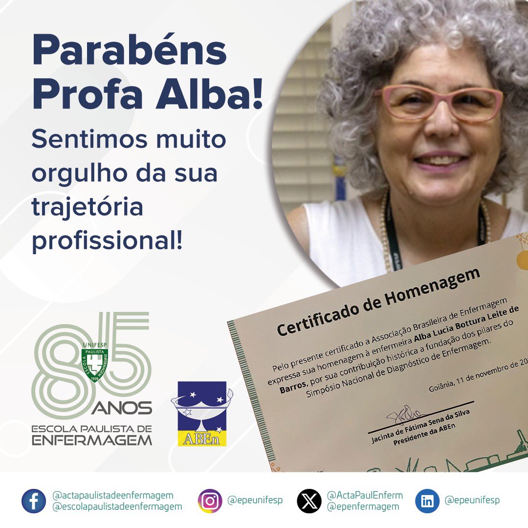 epenfermagem's tweet photo. 📣🔔👏 A EPE-UNIFESP, orgulhosamente, parabeniza a Profa Alba pela homenagem recebida pela ABEn por sua contribuição histórica à fundação dos pilares do Simpósio Nacional de Diagnóstico de Enfermagem.
#epeunifesp #epe #somosepe #enfermagem #unifesp #somosunifesp #aben https://t.co/XUcUffv4uP