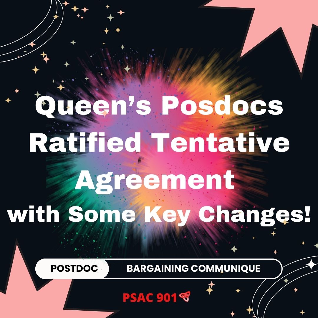 PSAC901's tweet photo. @PSAC901 Unit 2, representing #Postdoc @queensu, voted to ratify a tentative agreement! Major wins including: 39% increase in the minimum base salary, an increasing childcare fund, and more! Big thank you to everyone who advocated for the win! #onlab #capoli #onpoli #calab https://t.co/5SkQJEhn1G