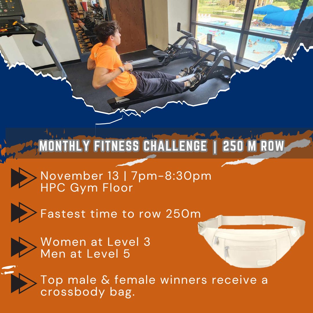 uttrecsports's tweet image. Row your way to the finish! Join us tonight for our monthly fitness challenge at the HPC for a chance to win a crossbody bag! #RecSports #UTTyler #250mRow