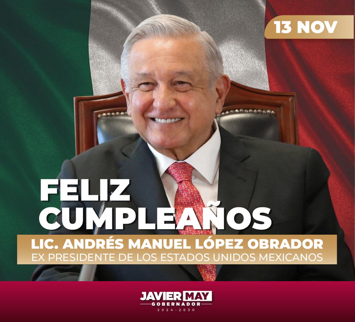 TabascoJavier's tweet photo. A nombre del pueblo tabasqueño envío hasta Palenque, nuestra felicitación y nuestro eterno agradecimiento, al ex presidente Andrés Manuel @lopezobrador_, con motivo de su cumpleaños. Deseamos de todo corazón que sea un día lleno de alegría y amor, acompañado por sus seres queridos. ¡Fuerte abrazo!