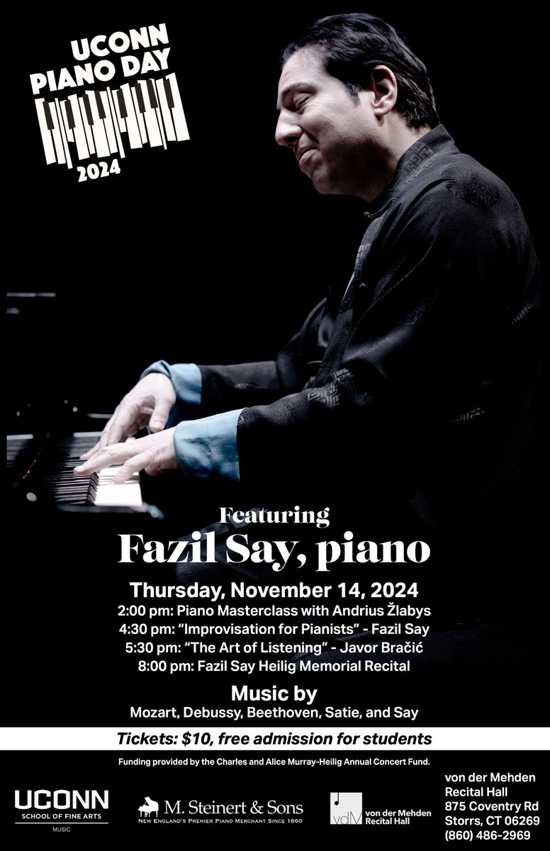 Join us for an inspiring day of music at UConn Piano Day 2024 next Thursday, November 14th! It will be a day packed with clinics followed by an unforgettable evening performance in VDM by pianist Fazil Say.

music.uconn.edu/community/ucon…

#uconnpiano #uconnpianoday #uconnmusic