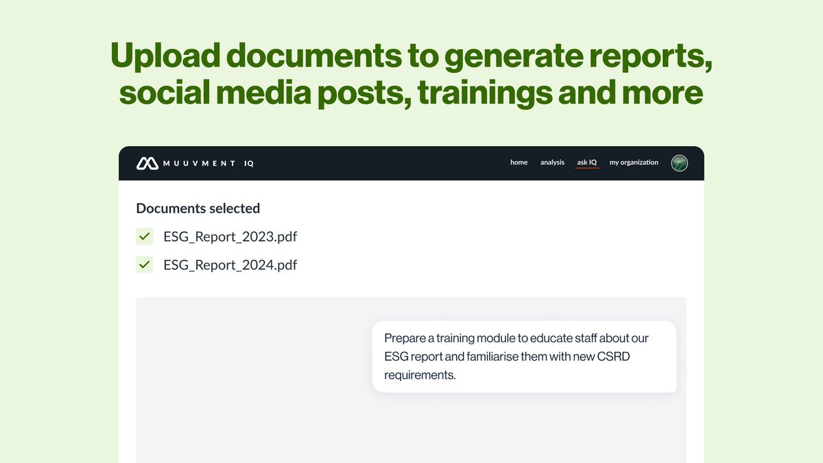 joinmuuvment's tweet photo. Sustainability initiatives require reports, training, content, and analysing large amounts of data and documents. Muuvment IQ’s Doc Consult feature lets you extract information from multiple documents to generate reports, write social media posts, create training programs, and prepare emails and press releases.
  
🔍 Easily extract facts and information from lengthy documents with a simple conversation.
💬 Upload any document for a quick chat and unlock actionable insights in minutes.
📈 Streamline your sustainability initiatives with streamlined data extraction.

Drive change and impact across your organisation with Muuvment IQ’s innovative AI features geared for #sustainability #MuuvmentIQ #AI #collaboration #joinmuuvment