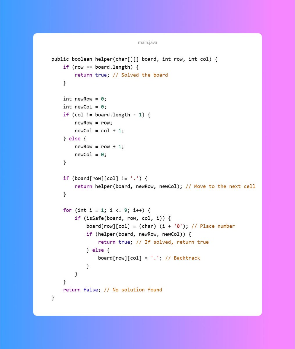_Devang_r_'s tweet image. Java Backtracking Sudoku solve 
#Java #DSA #sudoku