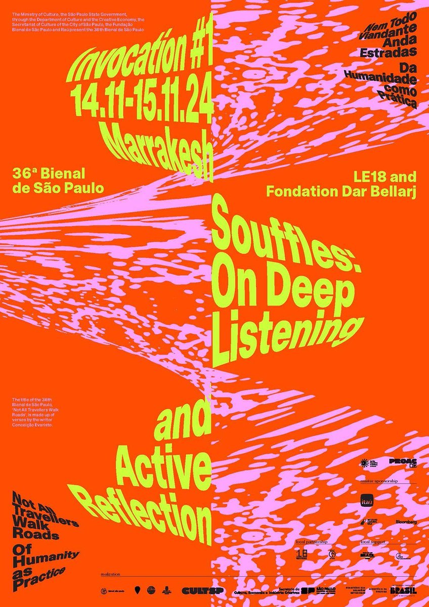 La 36ème #Biennale d'#artcontemporain de #Sao_Paulo fait escale à #Marrakech, avec une 1e #Invocation sur #Souffles. Au programme, #performances, #poésie, #musique et #débats. C'est les 14 et 15 novembre au #centre_culturel #Le18.
<a href="/KenzaSefrioui/">Sefrioui</a> y évoquera la #revueSouffles.