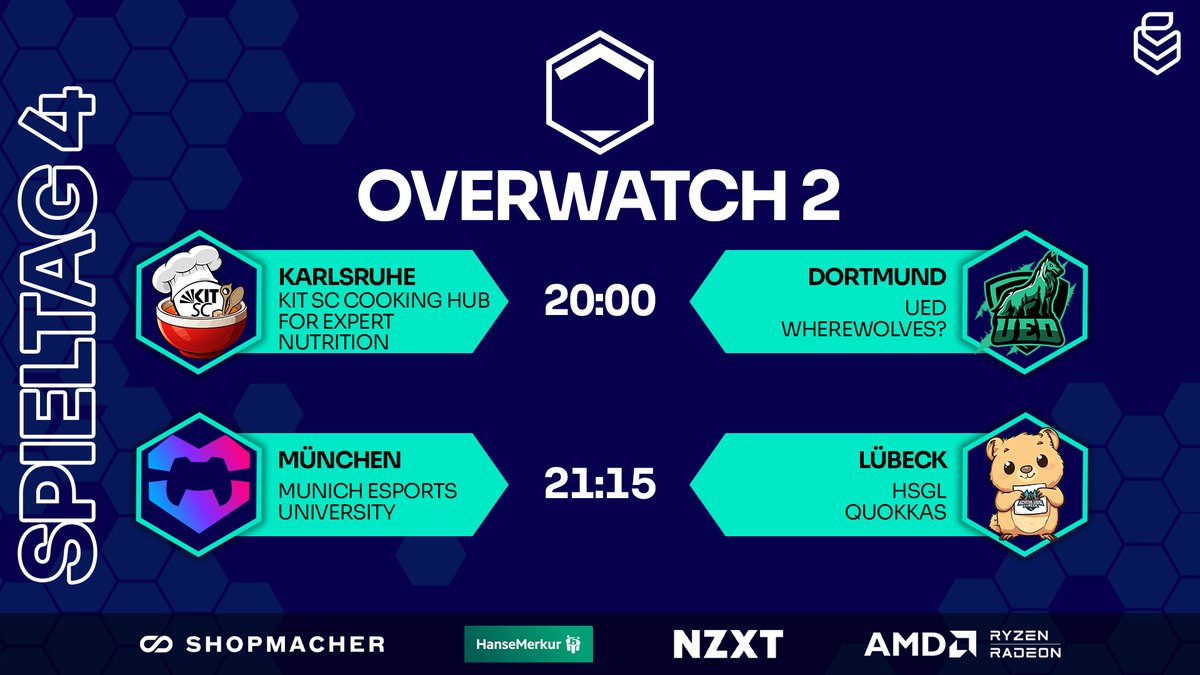 Uniliga (@uniligagg) on Twitter photo 🚨OVERWATCH 4. SPIELTAG🚨
🕗️20:00 Uhr - Overwatch 2 - 4. Spieltag
📺️twitch.tv/uniliga_aim
⚔️<a href="/kitscesports/">KIT SC eSports</a> vs. <a href="/UEDortmund/">Uni eSports Dortmund</a>
⚔️<a href="/munich_esports/">Munich eSports e.V.</a> vs. <a href="/HsGamingLuebeck/">HochschulGamingLübeck</a>
🎬️@johnbishop_ow
🎥<a href="/Anomar_01/">Aromat01</a>
🎙️<a href="/RoyalTZZZ/">Royal</a> & <a href="/markusodersowas/">Markus</a> 🚨OVERWATCH 4. SPIELTAG🚨
🕗️20:00 Uhr - Overwatch 2 - 4. Spieltag
📺️twitch.tv/uniliga_aim
⚔️<a href="/kitscesports/">KIT SC eSports</a> vs. <a href="/UEDortmund/">Uni eSports Dortmund</a>
⚔️<a href="/munich_esports/">Munich eSports e.V.</a> vs. <a href="/HsGamingLuebeck/">HochschulGamingLübeck</a>
🎬️@johnbishop_ow
🎥<a href="/Anomar_01/">Aromat01</a>
🎙️<a href="/RoyalTZZZ/">Royal</a> & <a href="/markusodersowas/">Markus</a>