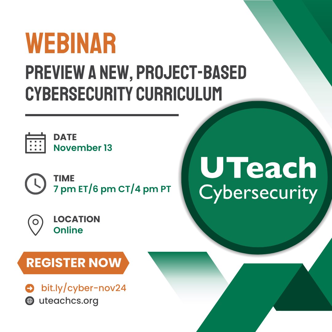 UTeachCS's tweet photo. ⏰ LAST CHANCE: Get an exclusive preview of our new, #ProjectBased Foundations of #Cybersecurity curriculum tonight!
When: November 13 at 7 pm ET / 6 pm CT / 4 pm PT Register ASAP: https://t.co/Y6jPVGDXP7 https://t.co/v4u7Yn3mYT