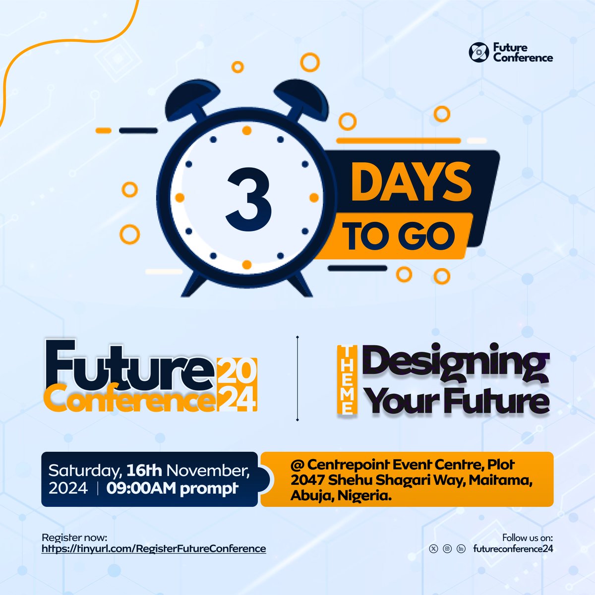 FutureCon24's tweet image. 3 Days to Go!

Only 3 days until you meet incredible minds, exchange groundbreaking ideas, and ignite your path to success. The Future Conference is almost here – are you ready to be transformed?

#futureconference2024 #designyourfuture #3daystogo #igniteyourpotential