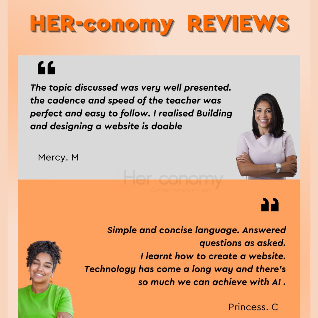 Join us tonight at 6 PM on Zoom for a HER-conomy class that's perfect for beginners. Dive deep into the basics with Claire Kemgou, as she unfolds a broad spectrum of topics around software development. 🖥️

Peep the testimonials from Claire's class from our last cohort 5.0