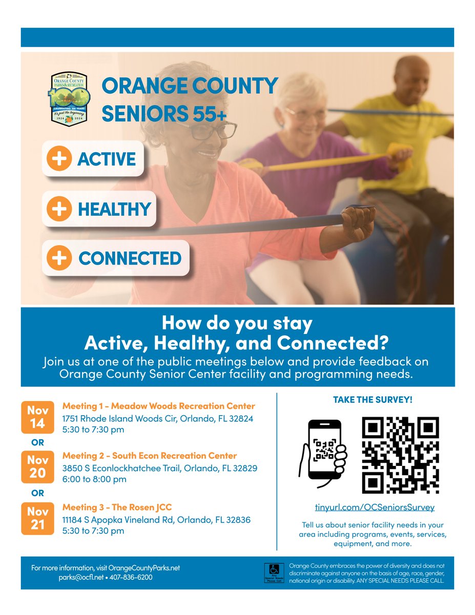 📣 <a href="/OrangeCoFL/">Orange County FL</a> seniors 55+: <a href="/OrangeCoParksFL/">Orange County Parks and Recreation</a> wants your suggestions for senior recreation facilities and programs:

Thurs. 11/14: #MeadowWoodsRec 5:30-7:30pm 
Wed. 11/20: #SouthEconRec 6-8pm
Thurs. 11/21: <a href="/RosenJCC/">Rosen JCC</a> 5:30-7:30pm

💻 Details bit.ly/3vmfaVW
📫 Parks@ocfl.net