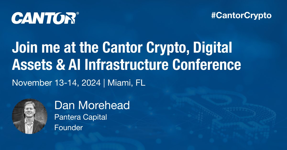 dan_pantera's tweet image. Very excited to be speaking at Cantor&apos;s Crypto, Digital Assets &amp;amp; AI Infrastructure Conference tomorrow alongside Javier Villamizar from @SoftBank and Christopher Calicott from @trammellvc.

Session: Venture Capital &amp;amp; IPO Crypto Roadmap
Time: 2:50pm – 3:25pm EST

#CantorCrypto